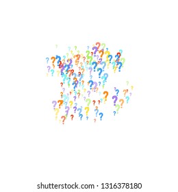 Question marks scattered on white background. Quiz, doubt, poll, survey, faq, interrogation, query background. Multicolored template for opinion poll, public poll. Rainbow color. Vector illustration.