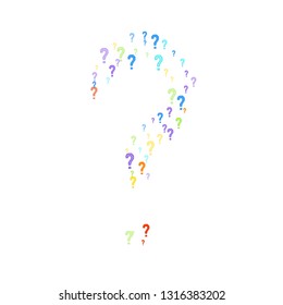Question marks scattered on white background. Quiz, doubt, poll, survey, faq, interrogation, query background. Multicolored template for opinion poll, public poll. Rainbow color. Vector illustration.