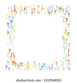 Question marks scattered on white background. Quiz, doubt, poll, survey, faq, interrogation, query background. Multicolored template for opinion poll, public poll. Rainbow color. Vector illustration.