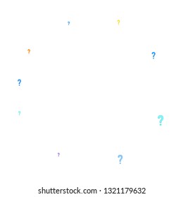 Question marks scattered on white background. Quiz, doubt, poll, survey, faq, interrogation, query background. Multicolored template for opinion poll, public poll. Rainbow color. Vector illustration.