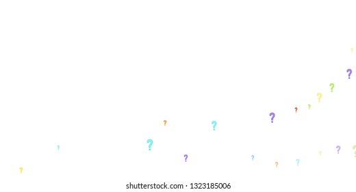 Question marks scattered on white background. Quiz, doubt, poll, survey, faq, interrogation, query background. Multicolored template for opinion poll, public poll. Rainbow color. Vector illustration.