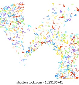 Question marks scattered on white background. Quiz, doubt, poll, survey, faq, interrogation, query background. Multicolored template for opinion poll, public poll. Rainbow color. Vector illustration.