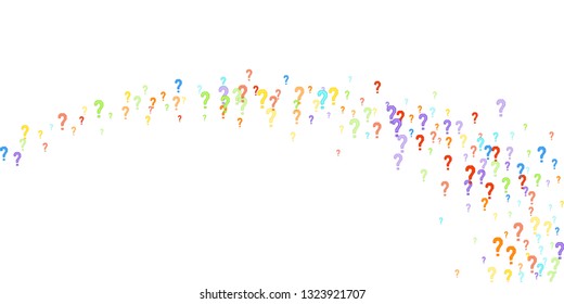 Question marks scattered on white background. Quiz, doubt, poll, survey, faq, interrogation, query background. Multicolored template for opinion poll, public poll. Rainbow color. Vector illustration.
