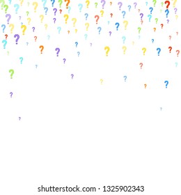 Question marks scattered on white background. Quiz, doubt, poll, survey, faq, interrogation, query background. Multicolored template for opinion poll, public poll. Rainbow color. Vector illustration.