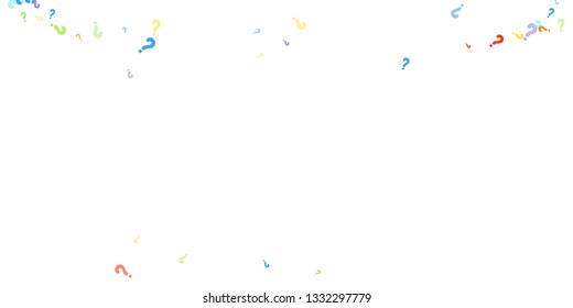 Question marks scattered on white background. Quiz, doubt, poll, survey, faq, interrogation, query background. Multicolored template for opinion poll, public poll. Rainbow color. Vector illustration.