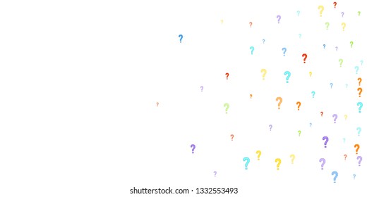 Question marks scattered on white background. Quiz, doubt, poll, survey, faq, interrogation, query background. Multicolored template for opinion poll, public poll. Rainbow color. Vector illustration.