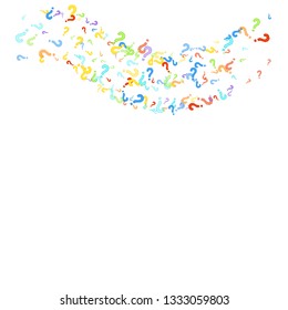Question marks scattered on white background. Quiz, doubt, poll, survey, faq, interrogation, query background. Multicolored template for opinion poll, public poll. Rainbow color. Vector illustration.