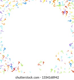 Question marks scattered on white background. Quiz, doubt, poll, survey, faq, interrogation, query background. Multicolored template for opinion poll, public poll. Rainbow color. Vector illustration.