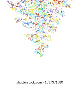 Question marks scattered on white background. Quiz, doubt, poll, survey, faq, interrogation, query background. Multicolored template for opinion poll, public poll. Rainbow color. Vector illustration.