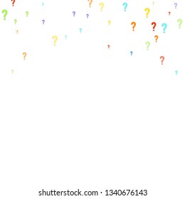 Question marks scattered on white background. Quiz, doubt, poll, survey, faq, interrogation, query background. Multicolored template for opinion poll, public poll. Rainbow color. Vector illustration.