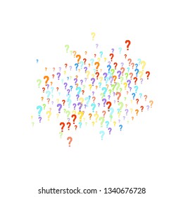 Question marks scattered on white background. Quiz, doubt, poll, survey, faq, interrogation, query background. Multicolored template for opinion poll, public poll. Rainbow color. Vector illustration.