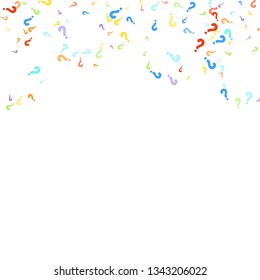 Question marks scattered on white background. Quiz, doubt, poll, survey, faq, interrogation, query background. Multicolored template for opinion poll, public poll. Rainbow color. Vector illustration.