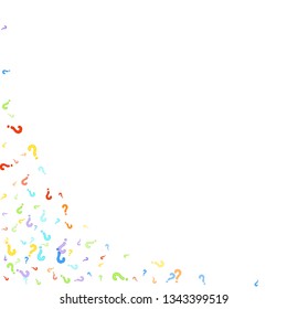 Question marks scattered on white background. Quiz, doubt, poll, survey, faq, interrogation, query background. Multicolored template for opinion poll, public poll. Rainbow color. Vector illustration.