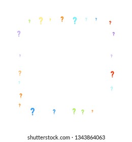 Question marks scattered on white background. Quiz, doubt, poll, survey, faq, interrogation, query background. Multicolored template for opinion poll, public poll. Rainbow color. Vector illustration.