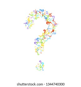 Marcas de preguntas diseminadas en fondo blanco. Prueba, duda, encuesta, encuesta, faq, interrogatorio, fondo de consulta. Plantilla multicolor para encuesta de opinión, encuesta pública. Color arcoiris. Ilustración vectorial.