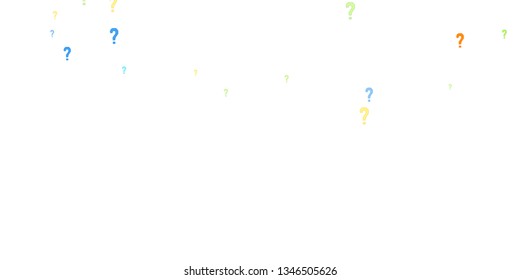 Question marks scattered on white background. Quiz, doubt, poll, survey, faq, interrogation, query background. Multicolored template for opinion poll, public poll. Rainbow color. Vector illustration.