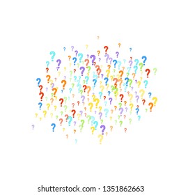 Question marks scattered on white background. Quiz, doubt, poll, survey, faq, interrogation, query background. Multicolored template for opinion poll, public poll. Rainbow color. Vector illustration.