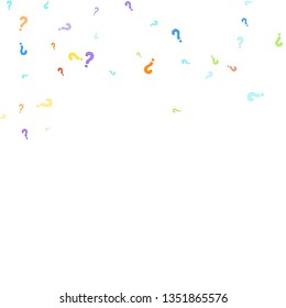 Question marks scattered on white background. Quiz, doubt, poll, survey, faq, interrogation, query background. Multicolored template for opinion poll, public poll. Rainbow color. Vector illustration.