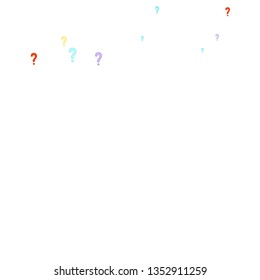 Question marks scattered on white background. Quiz, doubt, poll, survey, faq, interrogation, query background. Multicolored template for opinion poll, public poll. Rainbow color. Vector illustration.