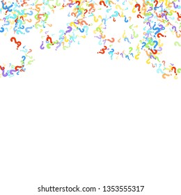Question marks scattered on white background. Quiz, doubt, poll, survey, faq, interrogation, query background. Multicolored template for opinion poll, public poll. Rainbow color. Vector illustration.