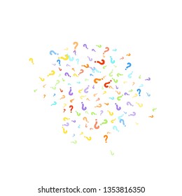 Question marks scattered on white background. Quiz, doubt, poll, survey, faq, interrogation, query background. Multicolored template for opinion poll, public poll. Rainbow color. Vector illustration.