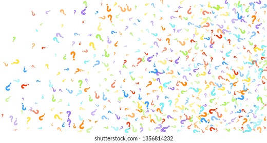Question marks scattered on white background. Quiz, doubt, poll, survey, faq, interrogation, query background. Multicolored template for opinion poll, public poll. Rainbow color. Vector illustration.