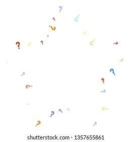 Question marks scattered on white background. Quiz, doubt, poll, survey, faq, interrogation, query background. Multicolored template for opinion poll, public poll. Rainbow color. Vector illustration.