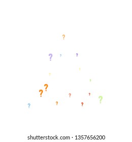 Question marks scattered on white background. Quiz, doubt, poll, survey, faq, interrogation, query background. Multicolored template for opinion poll, public poll. Rainbow color. Vector illustration.
