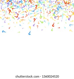 Question marks scattered on white background. Quiz, doubt, poll, survey, faq, interrogation, query background. Multicolored template for opinion poll, public poll. Rainbow color. Vector illustration.