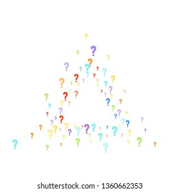 Question marks scattered on white background. Quiz, doubt, poll, survey, faq, interrogation, query background. Multicolored template for opinion poll, public poll. Rainbow color. Vector illustration.