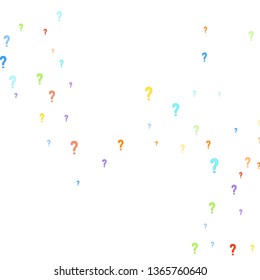 Question marks scattered on white background. Quiz, doubt, poll, survey, faq, interrogation, query background. Multicolored template for opinion poll, public poll. Rainbow color. Vector illustration.
