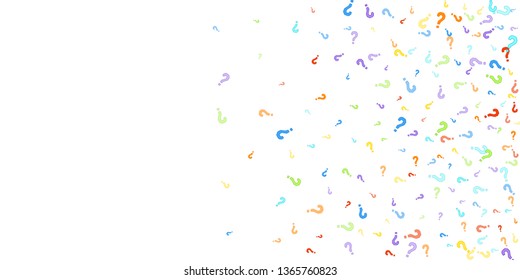 Question marks scattered on white background. Quiz, doubt, poll, survey, faq, interrogation, query background. Multicolored template for opinion poll, public poll. Rainbow color. Vector illustration.