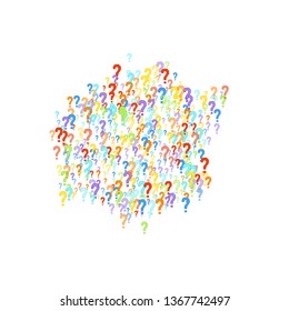 Question marks scattered on white background. Quiz, doubt, poll, survey, faq, interrogation, query background. Multicolored template for opinion poll, public poll. Rainbow color. Vector illustration.
