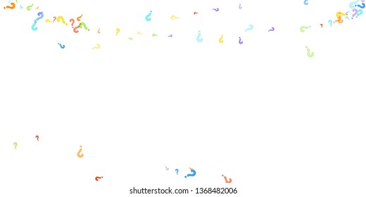Question marks scattered on white background. Quiz, doubt, poll, survey, faq, interrogation, query background. Multicolored template for opinion poll, public poll. Rainbow color. Vector illustration.