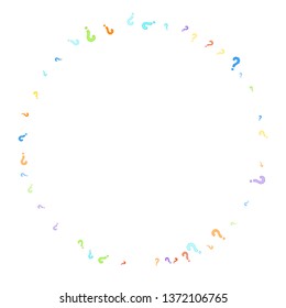 Question marks scattered on white background. Quiz, doubt, poll, survey, faq, interrogation, query background. Multicolored template for opinion poll, public poll. Rainbow color. Vector illustration.