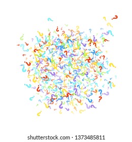 Question marks scattered on white background. Quiz, doubt, poll, survey, faq, interrogation, query background. Multicolored template for opinion poll, public poll. Rainbow color. Vector illustration.
