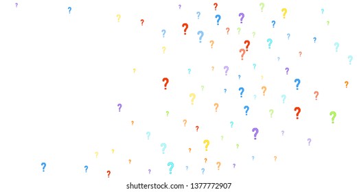 Question marks scattered on white background. Quiz, doubt, poll, survey, faq, interrogation, query background. Multicolored template for opinion poll, public poll. Rainbow color. Vector illustration.