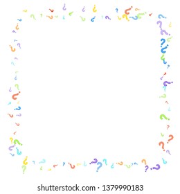 Question marks scattered on white background. Quiz, doubt, poll, survey, faq, interrogation, query background. Multicolored template for opinion poll, public poll. Rainbow color. Vector illustration.