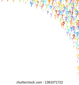 Question marks scattered on white background. Quiz, doubt, poll, survey, faq, interrogation, query background. Multicolored template for opinion poll, public poll. Rainbow color. Vector illustration.