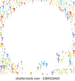 Question marks scattered on white background. Quiz, doubt, poll, survey, faq, interrogation, query background. Multicolored template for opinion poll, public poll. Rainbow color. Vector illustration.