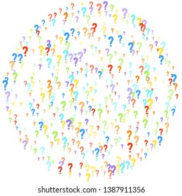 Question marks scattered on white background. Quiz, doubt, poll, survey, faq, interrogation, query background. Multicolored template for opinion poll, public poll. Rainbow color. Vector illustration.
