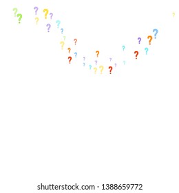 Question marks scattered on white background. Quiz, doubt, poll, survey, faq, interrogation, query background. Multicolored template for opinion poll, public poll. Rainbow color. Vector illustration.