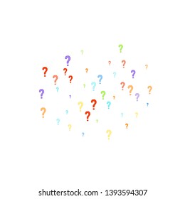 Question marks scattered on white background. Quiz, doubt, poll, survey, faq, interrogation, query background. Multicolored template for opinion poll, public poll. Rainbow color. Vector illustration.