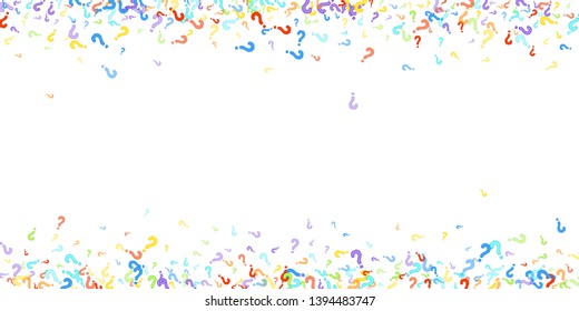 Question marks scattered on white background. Quiz, doubt, poll, survey, faq, interrogation, query background. Multicolored template for opinion poll, public poll. Rainbow color. Vector illustration.