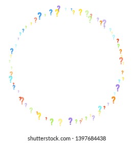 Question marks scattered on white background. Quiz, doubt, poll, survey, faq, interrogation, query background. Multicolored template for opinion poll, public poll. Rainbow color. Vector illustration