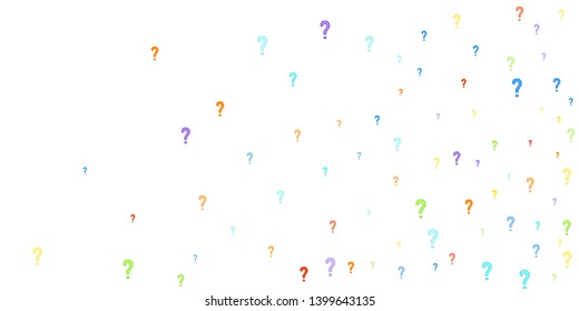Question marks scattered on white background. Quiz, doubt, poll, survey, faq, interrogation, query background. Multicolored template for opinion poll, public poll. Rainbow color. Vector illustration.