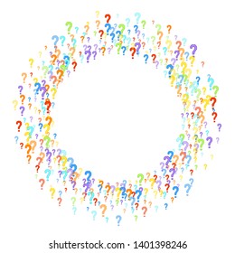 Question marks scattered on white background. Quiz, doubt, poll, survey, faq, interrogation, query background. Multicolored template for opinion poll, public poll. Rainbow color. Vector illustration.
