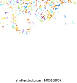 Question marks scattered on white background. Quiz, doubt, poll, survey, faq, interrogation, query background. Multicolored template for opinion poll, public poll. Rainbow color. Vector illustration.