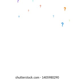 Question marks scattered on white background. Quiz, doubt, poll, survey, faq, interrogation, query background. Multicolored template for opinion poll, public poll. Rainbow color. Vector illustration.