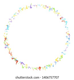 Question marks scattered on white background. Quiz, doubt, poll, survey, faq, interrogation, query background. Multicolored template for opinion poll, public poll. Rainbow color. Vector illustration.